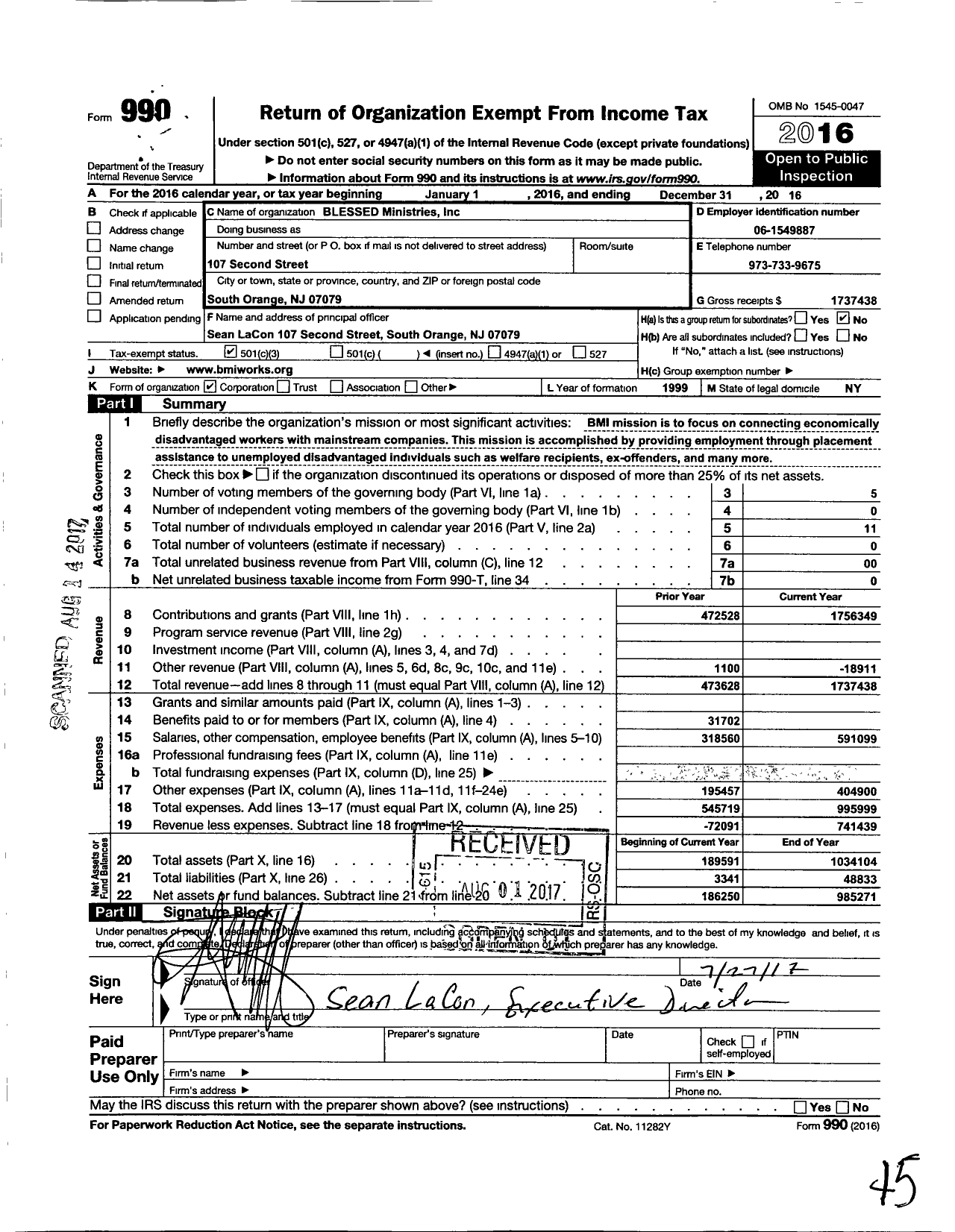 Image of first page of 2016 Form 990 for Blessed Ministries (BMI)