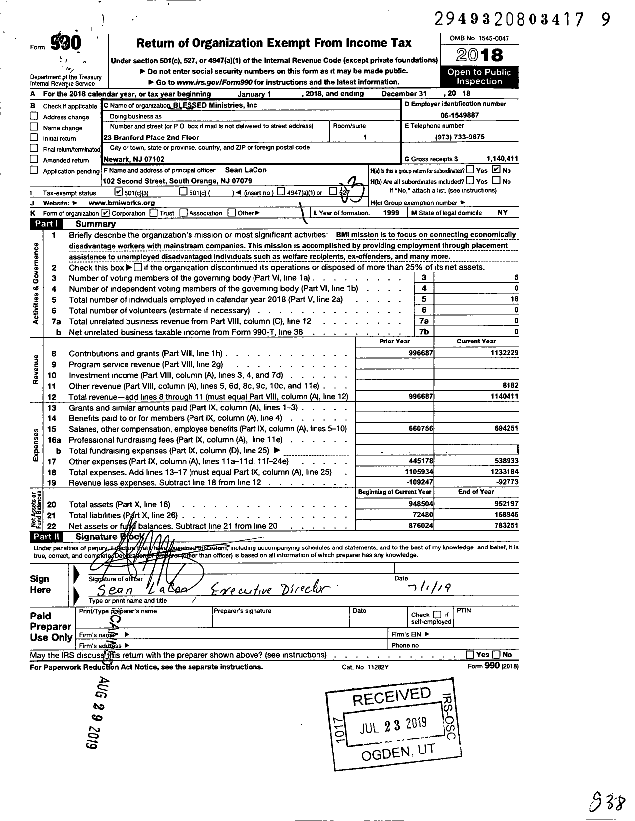 Image of first page of 2018 Form 990 for Blessed Ministries (BMI)