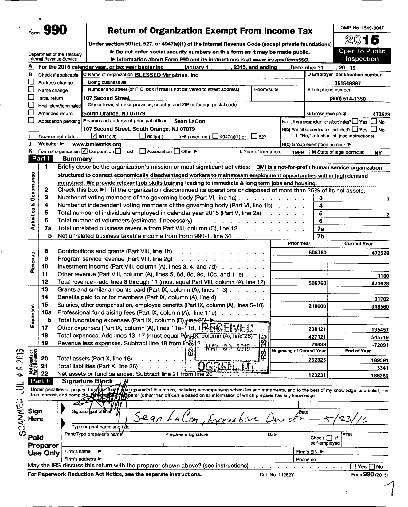 Image of first page of 2015 Form 990 for Blessed Ministries (BMI)