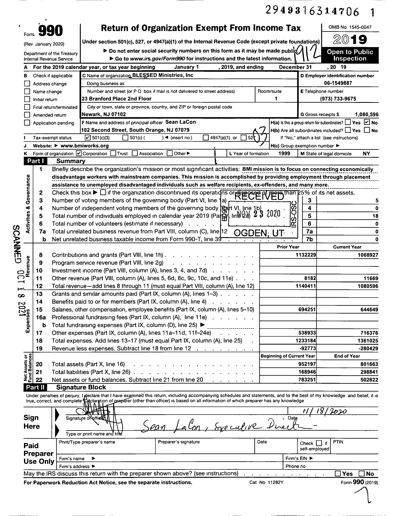 Image of first page of 2019 Form 990 for Blessed Ministries (BMI)