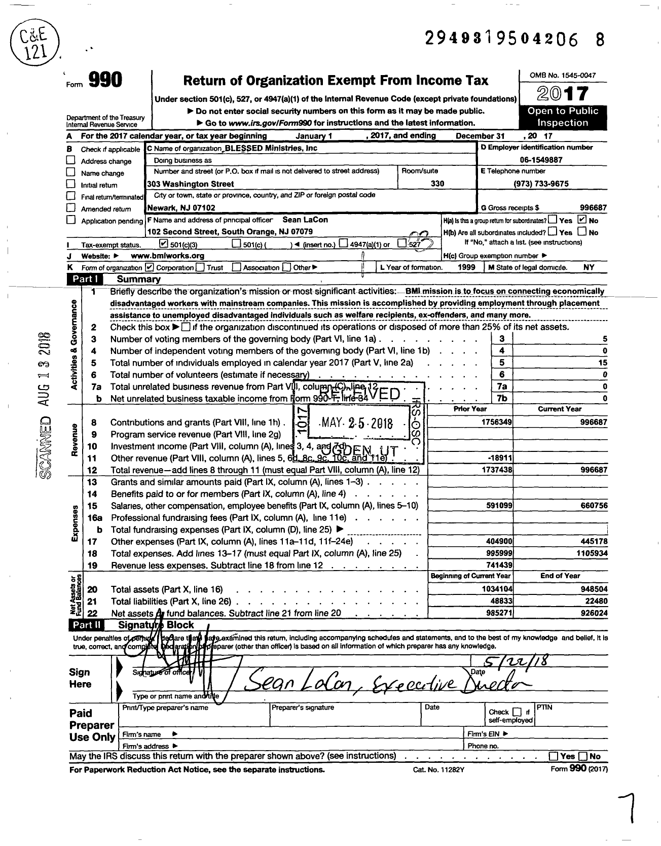 Image of first page of 2017 Form 990 for Blessed Ministries (BMI)