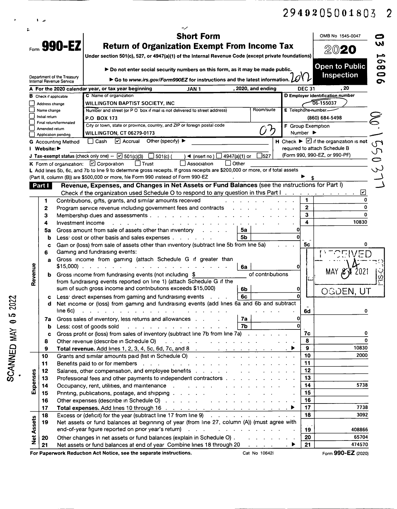 Image of first page of 2020 Form 990EZ for Willington Baptist Society