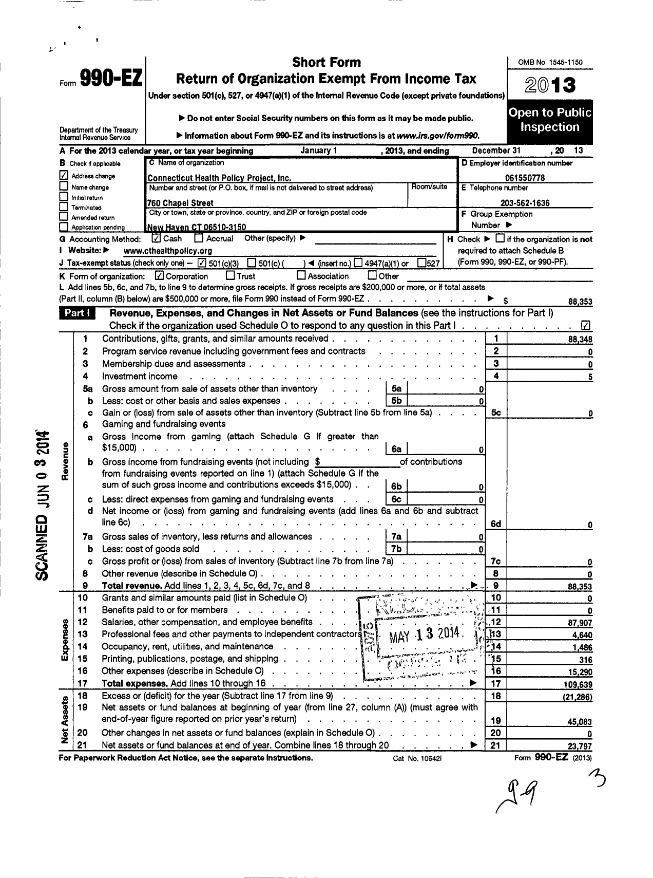 Image of first page of 2013 Form 990EZ for Connecticut Health Policy Project