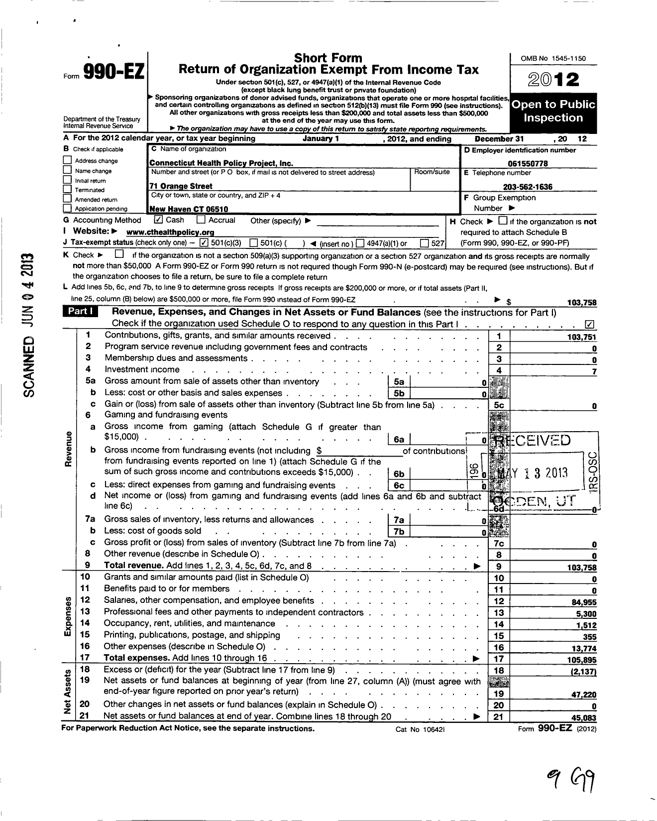 Image of first page of 2012 Form 990EZ for Connecticut Health Policy Project