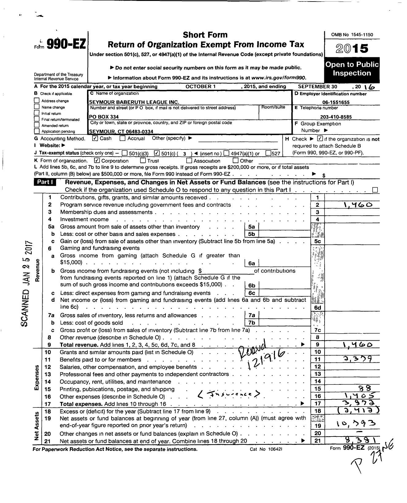 Image of first page of 2015 Form 990EZ for Seymour Baberuth League