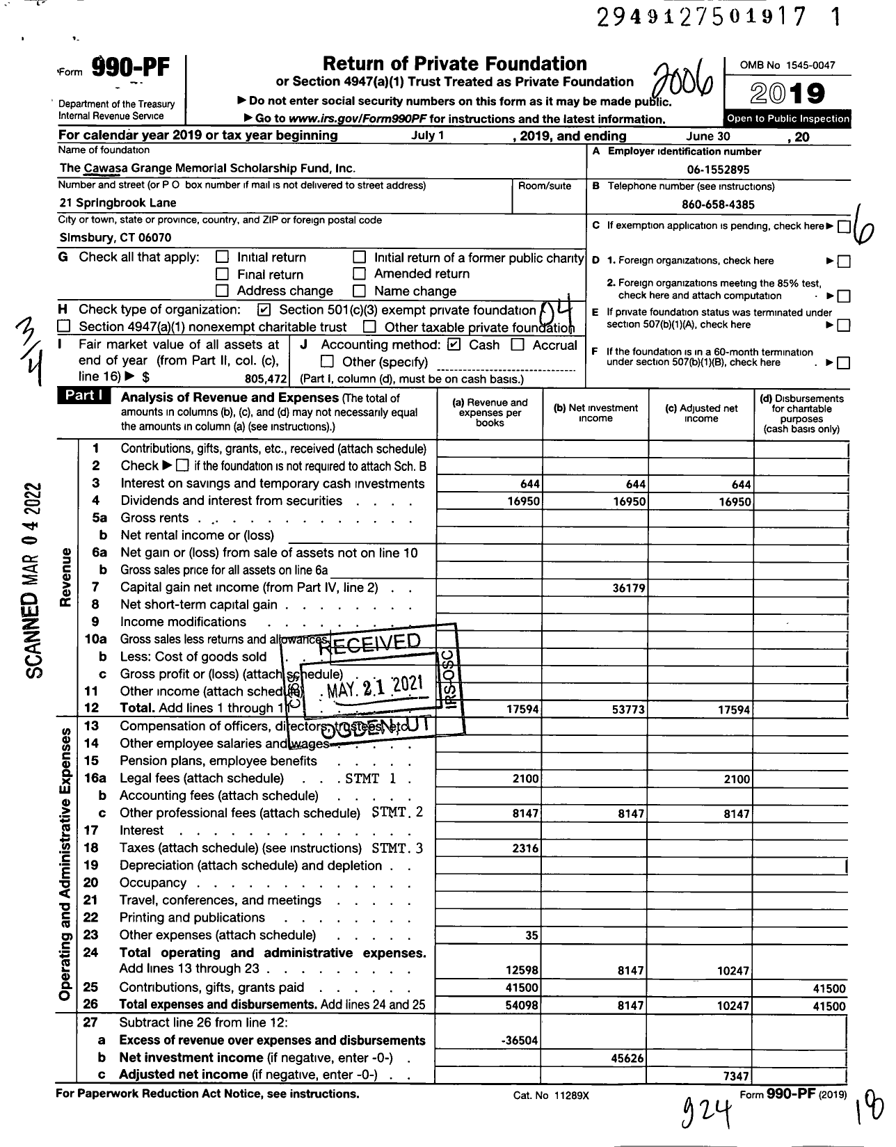 Image of first page of 2019 Form 990PF for The Cawasa Grange Memorial Scholarship Fund