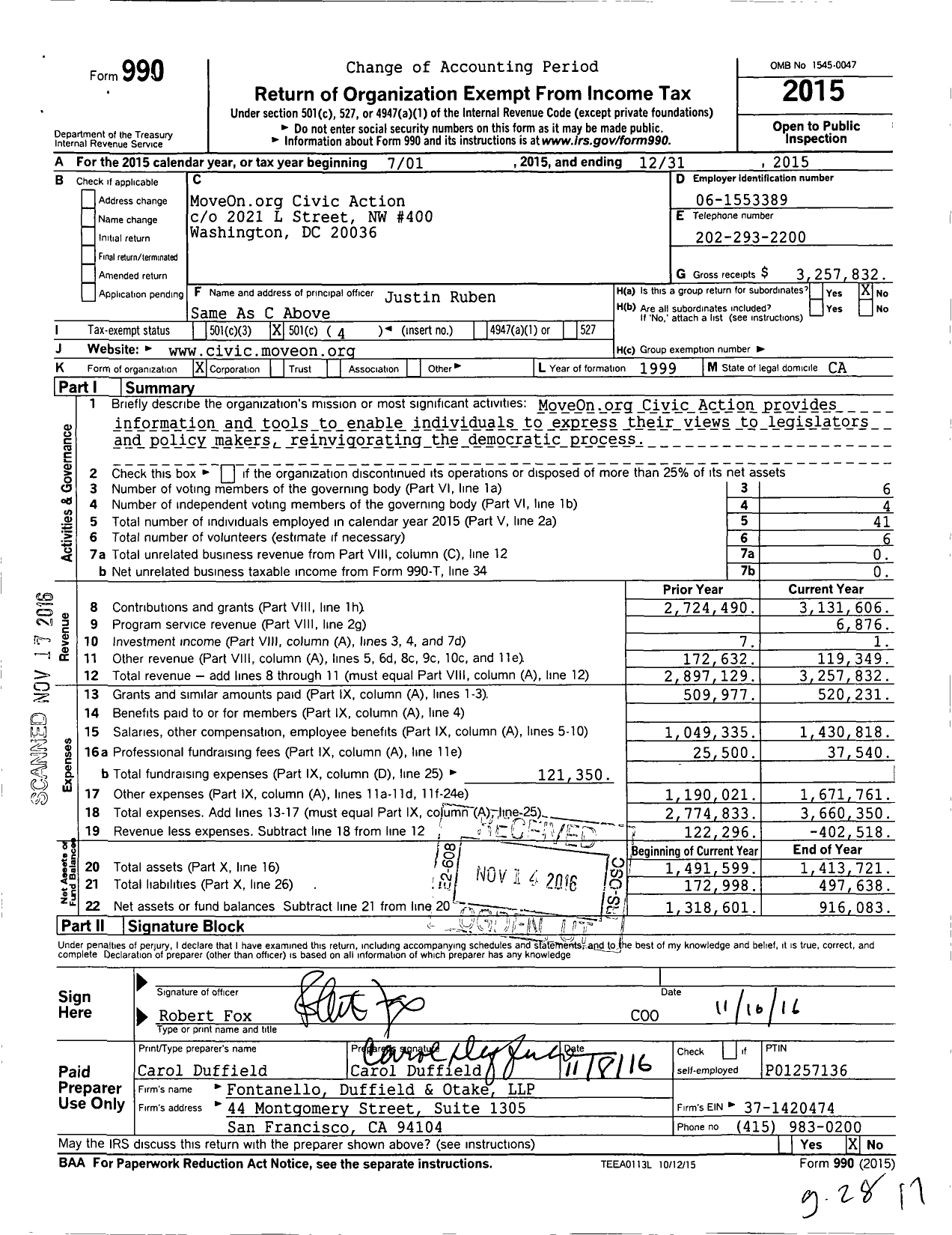 Image of first page of 2015 Form 990O for MoveOn.Org Civic Action