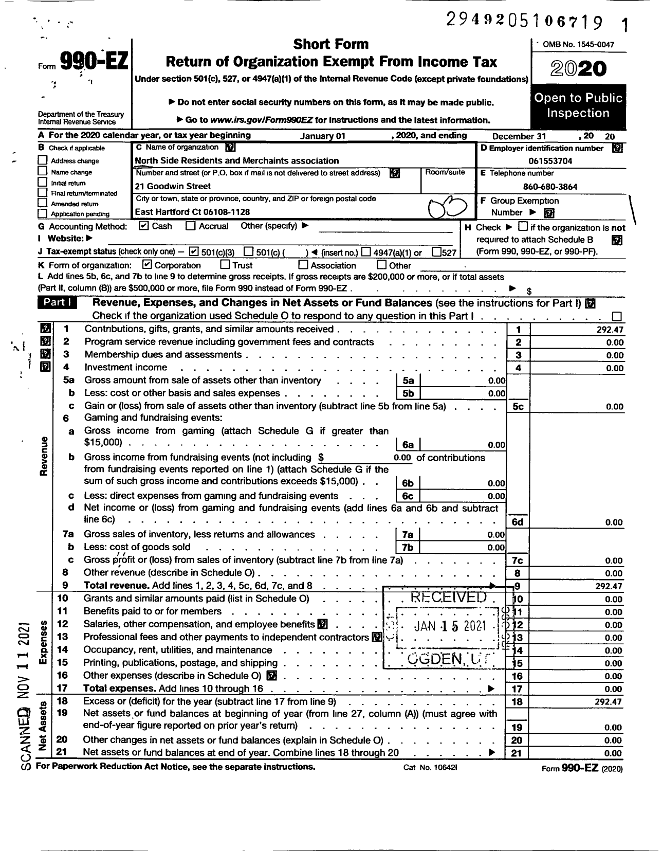 Image of first page of 2020 Form 990EZ for North Side Residents and Merchants Association