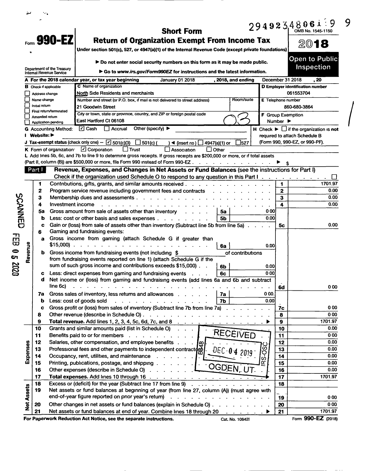 Image of first page of 2018 Form 990EZ for North Side Residents and Merchants Association