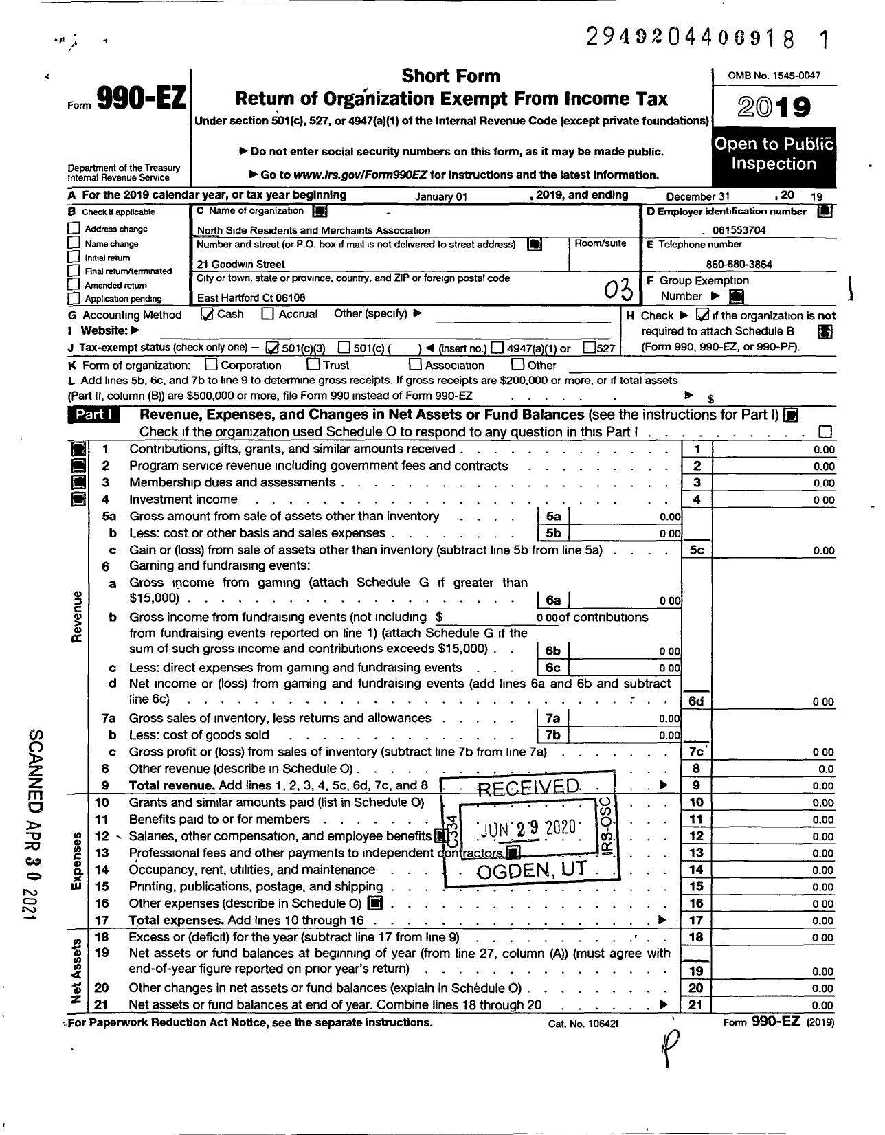 Image of first page of 2019 Form 990EZ for North Side Residents and Merchants Association