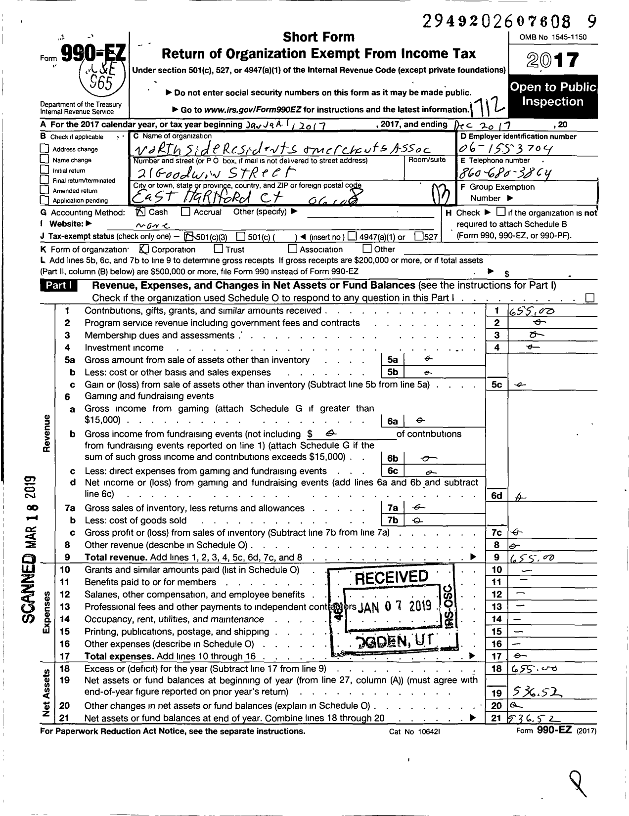 Image of first page of 2017 Form 990EZ for North Side Residents and Merchants Association