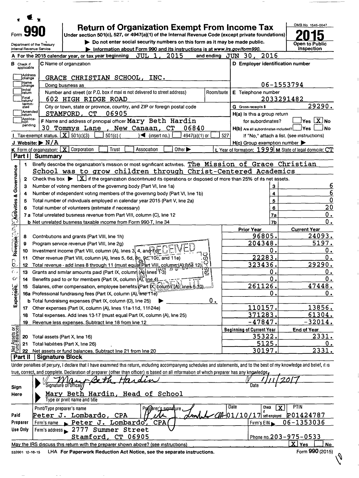 Image of first page of 2015 Form 990 for Grace Christian School