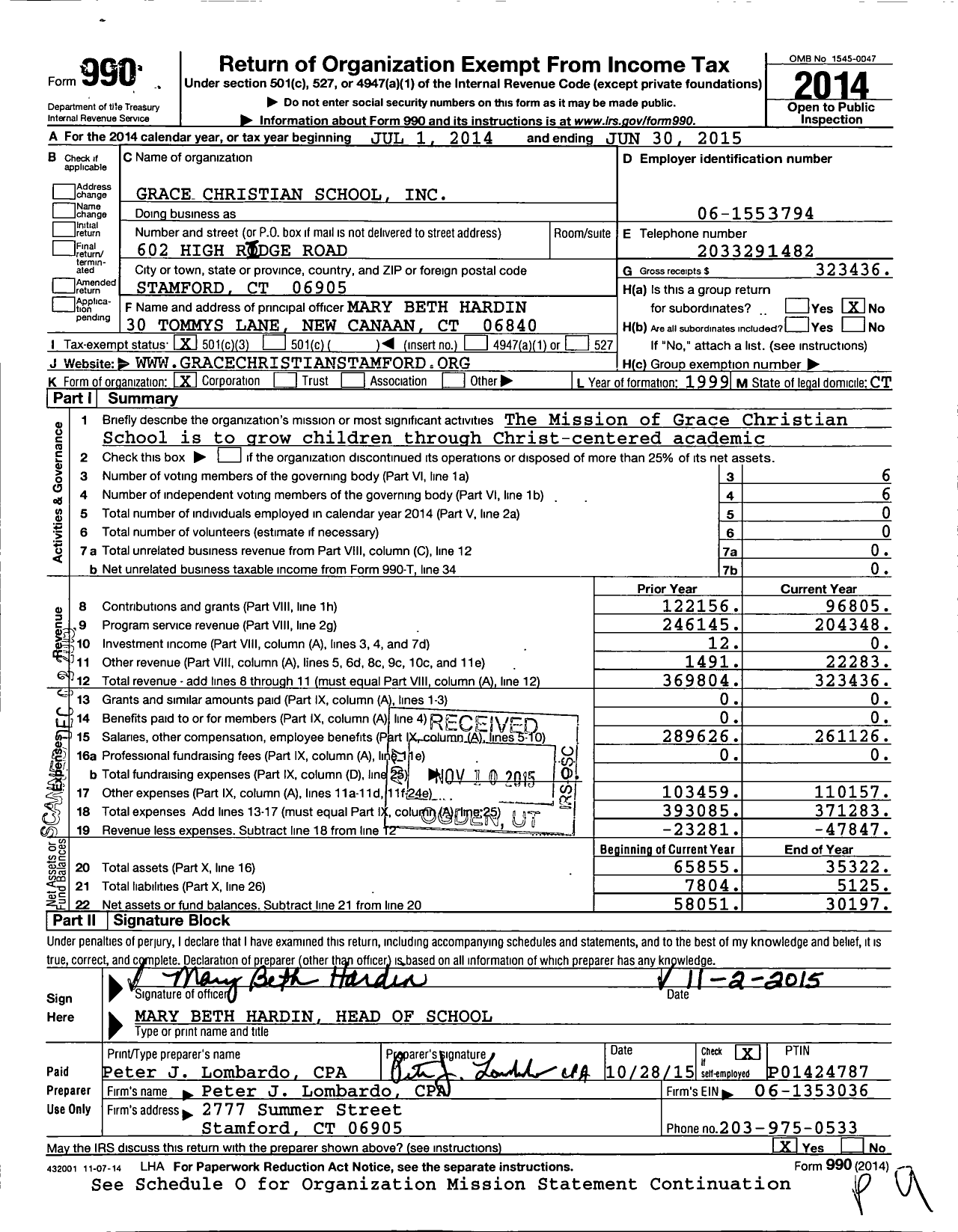 Image of first page of 2014 Form 990 for Grace Christian School