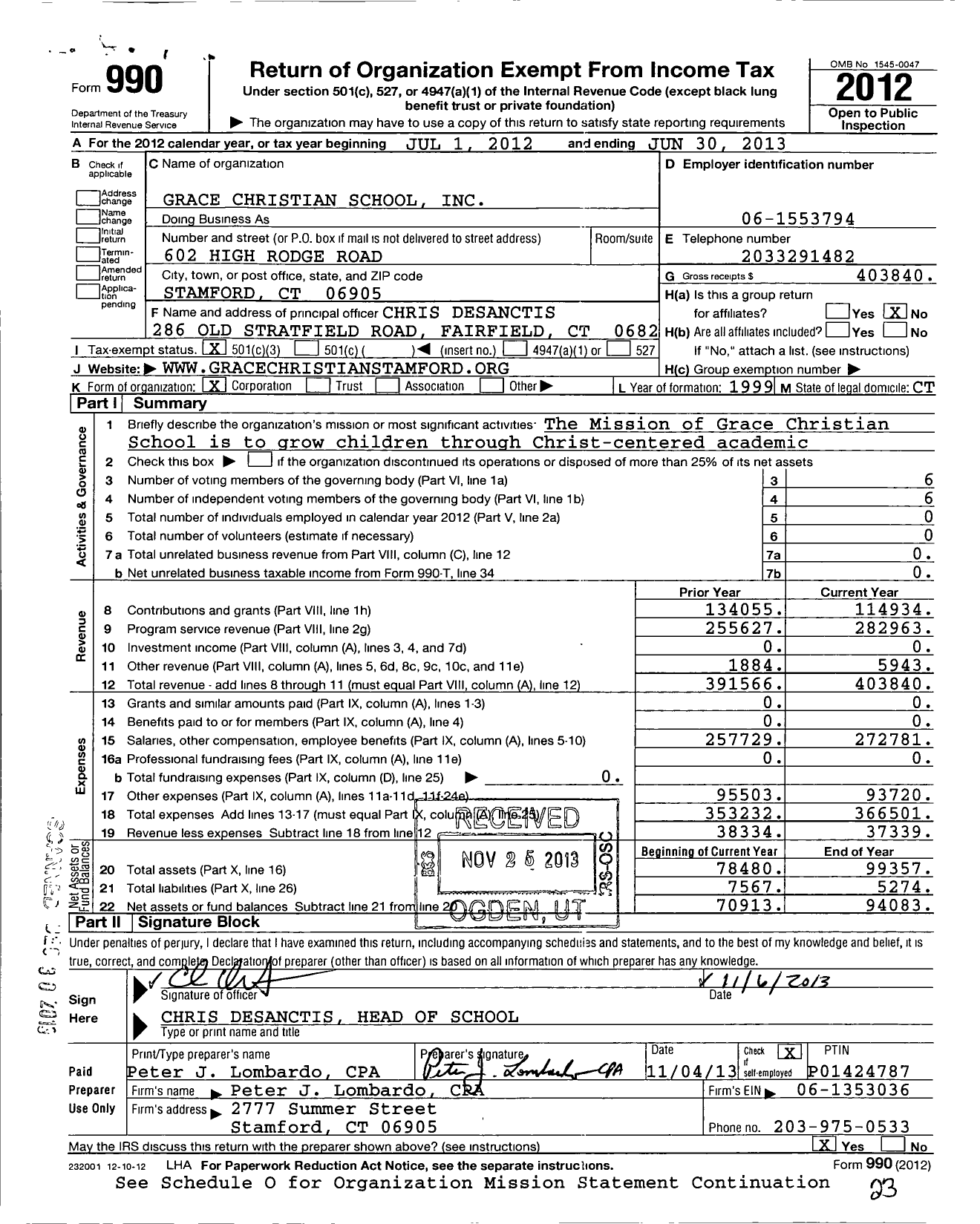 Image of first page of 2012 Form 990 for Grace Christian School