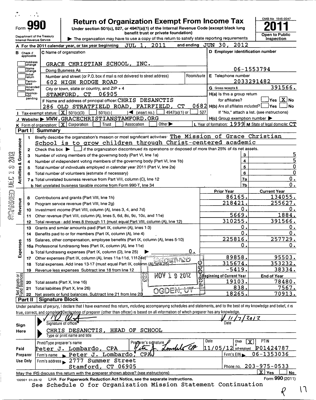 Image of first page of 2011 Form 990 for Grace Christian School