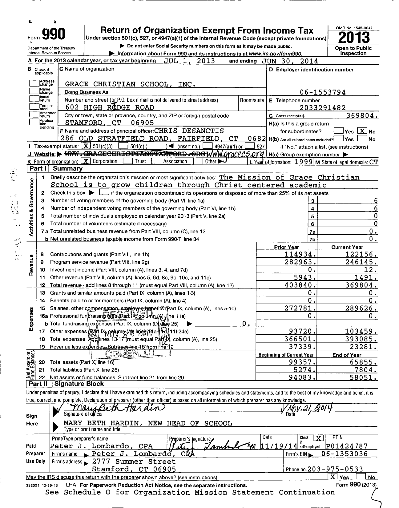 Image of first page of 2013 Form 990 for Grace Christian School