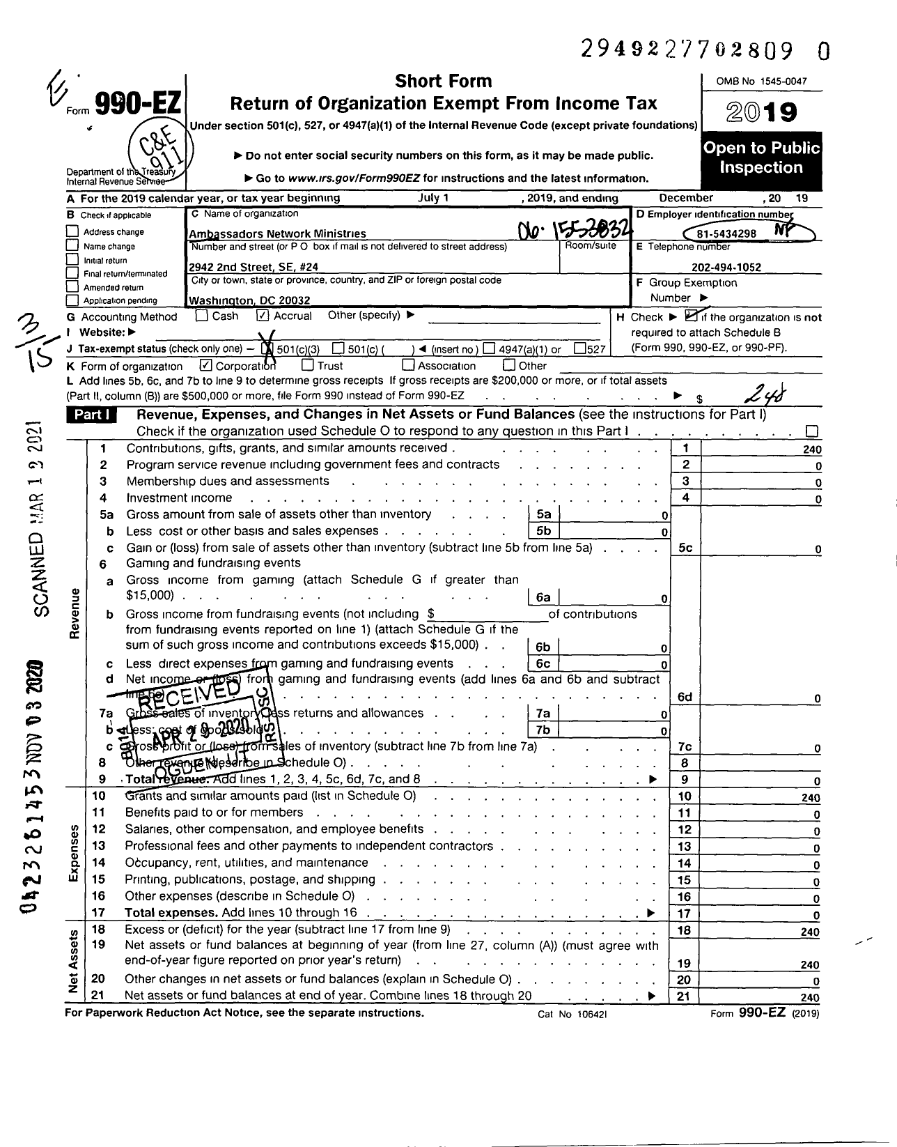 Image of first page of 2019 Form 990EZ for Ambassadors Network Ministries