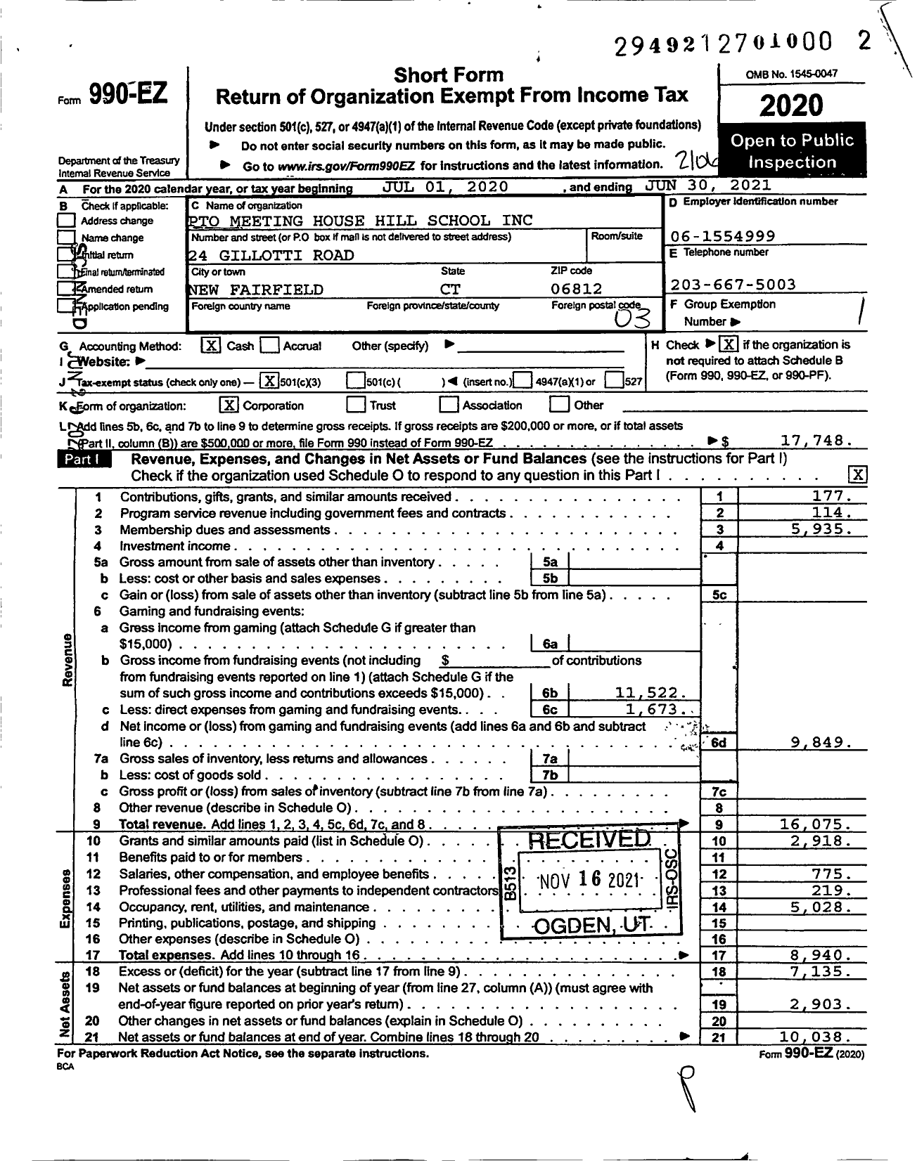 Image of first page of 2020 Form 990EZ for Pto Meeting House Hill School