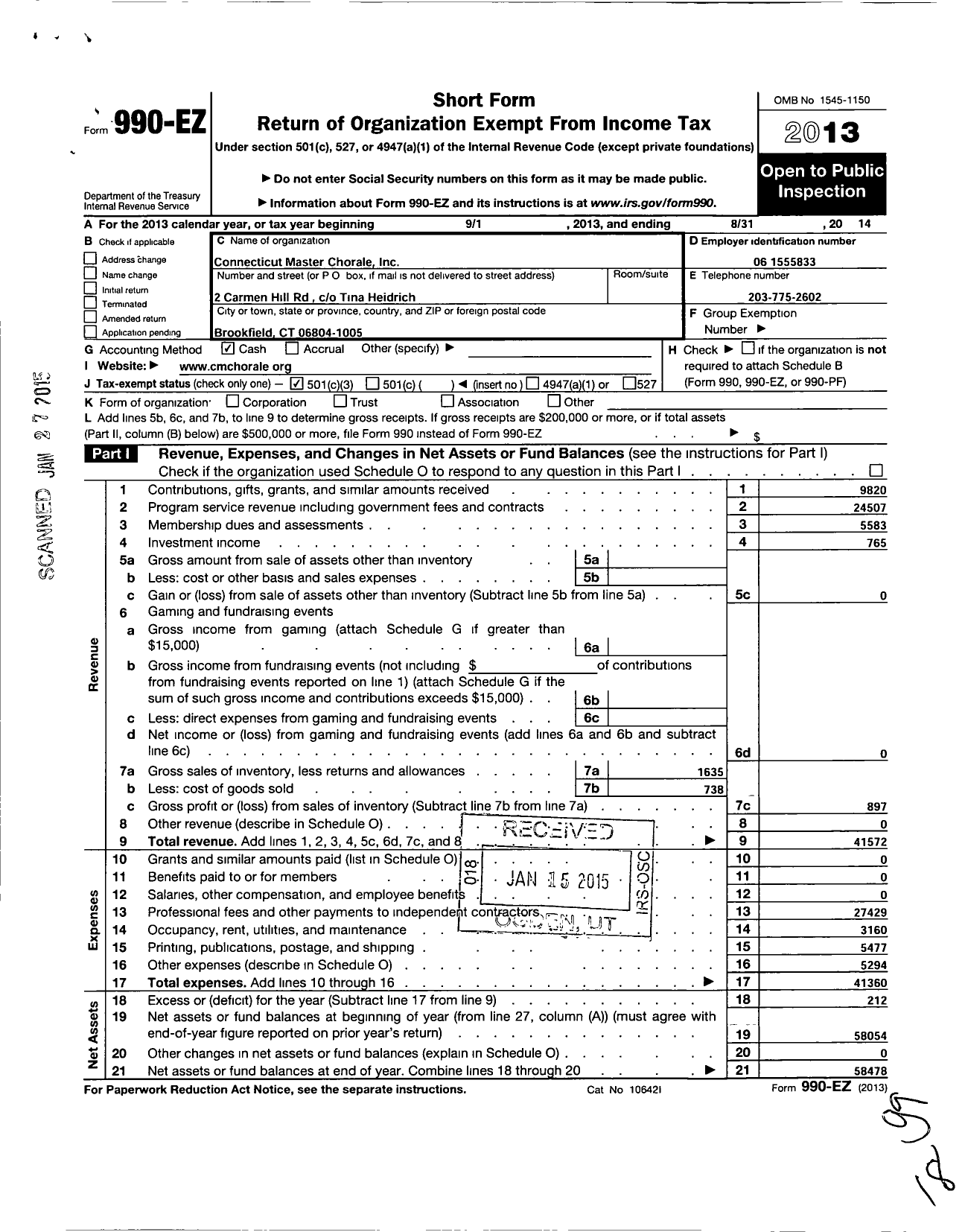 Image of first page of 2013 Form 990EZ for Connecticut Master Chorale