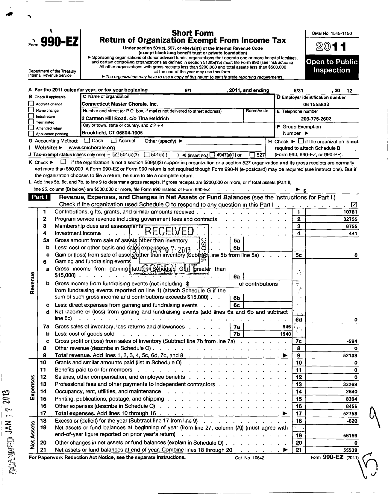 Image of first page of 2011 Form 990EZ for Connecticut Master Chorale