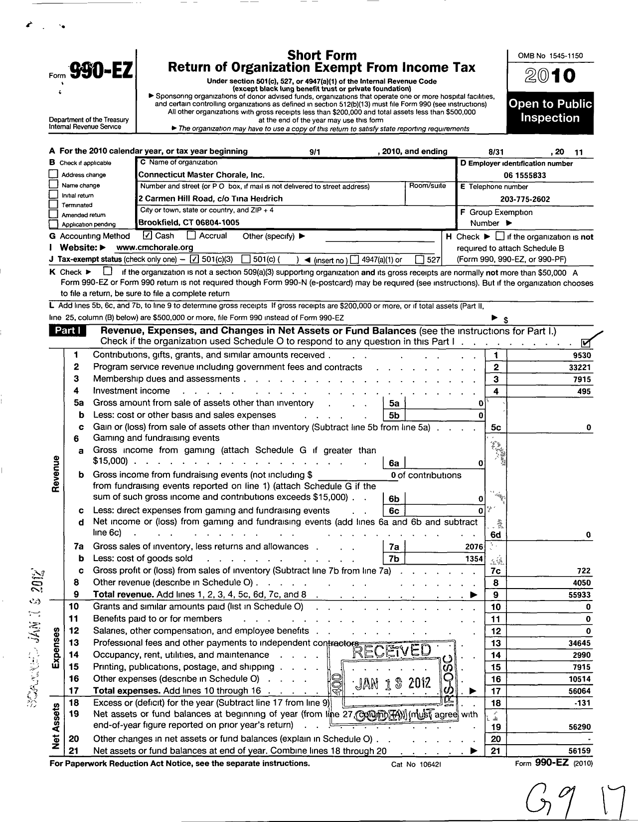 Image of first page of 2010 Form 990EZ for Connecticut Master Chorale