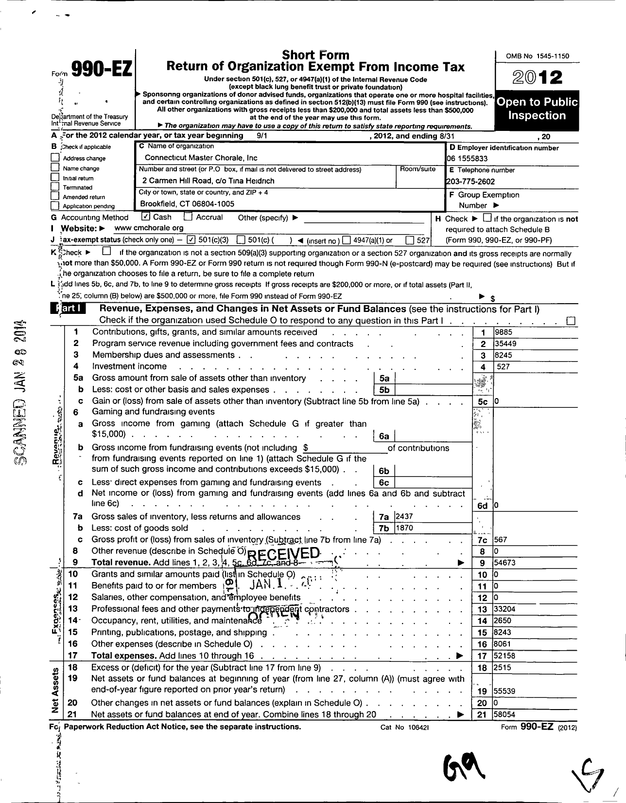 Image of first page of 2012 Form 990EZ for Connecticut Master Chorale