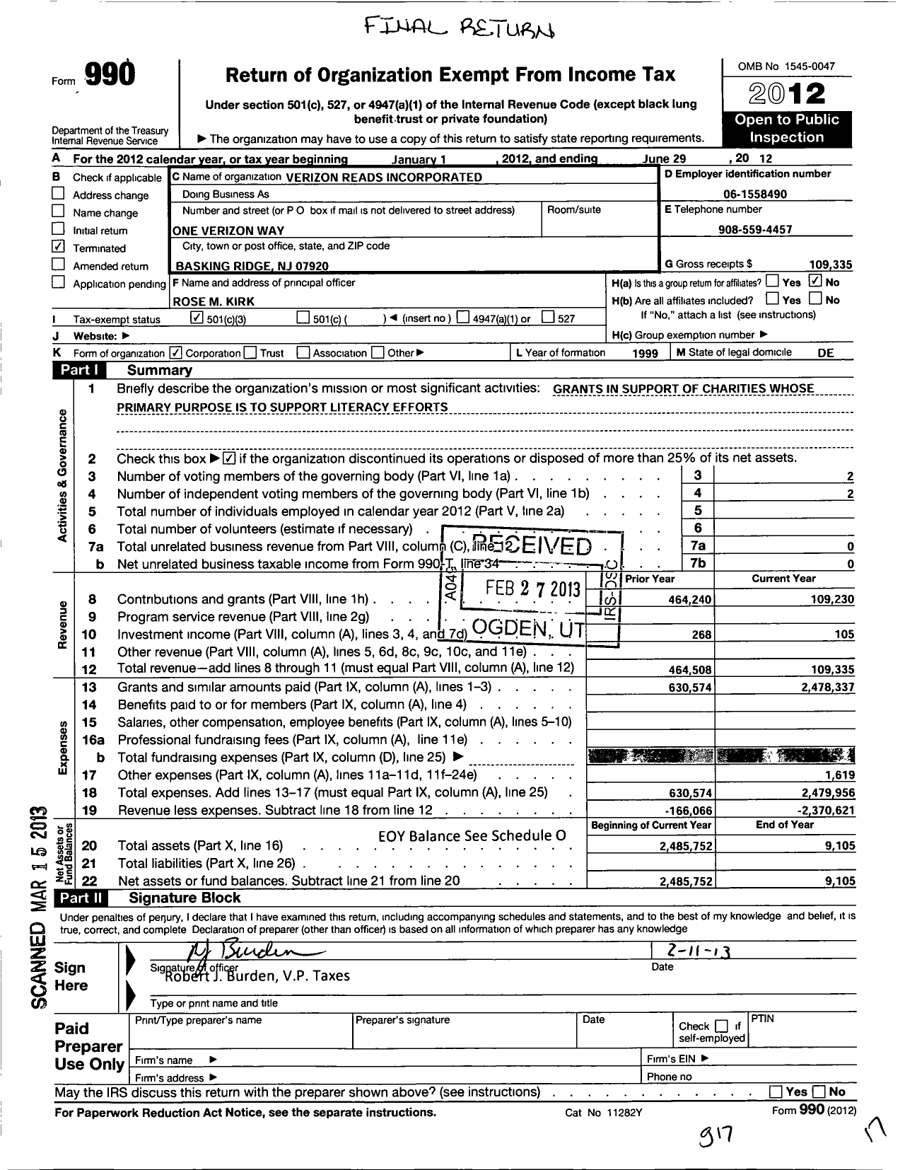 Image of first page of 2011 Form 990 for Verizon Reads Incorporated