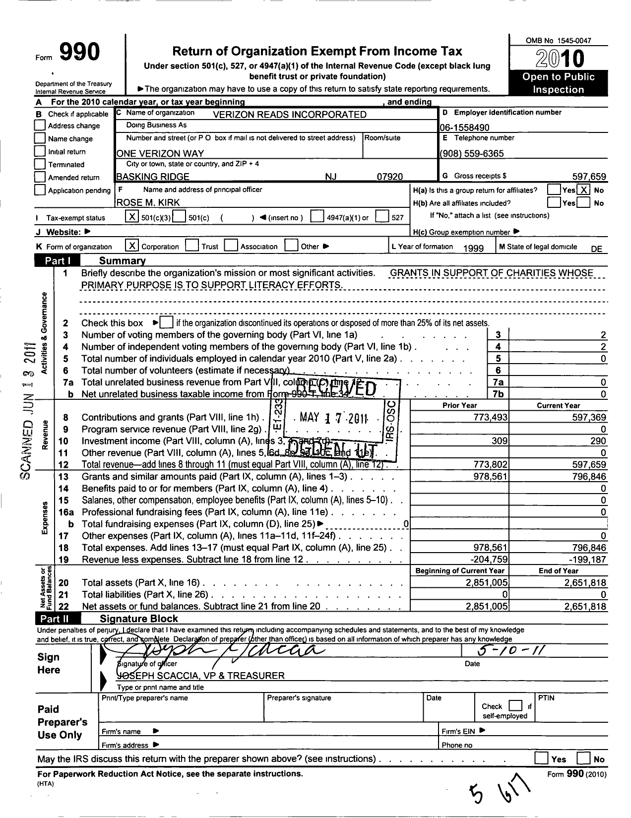 Image of first page of 2010 Form 990 for Verizon Reads Incorporated