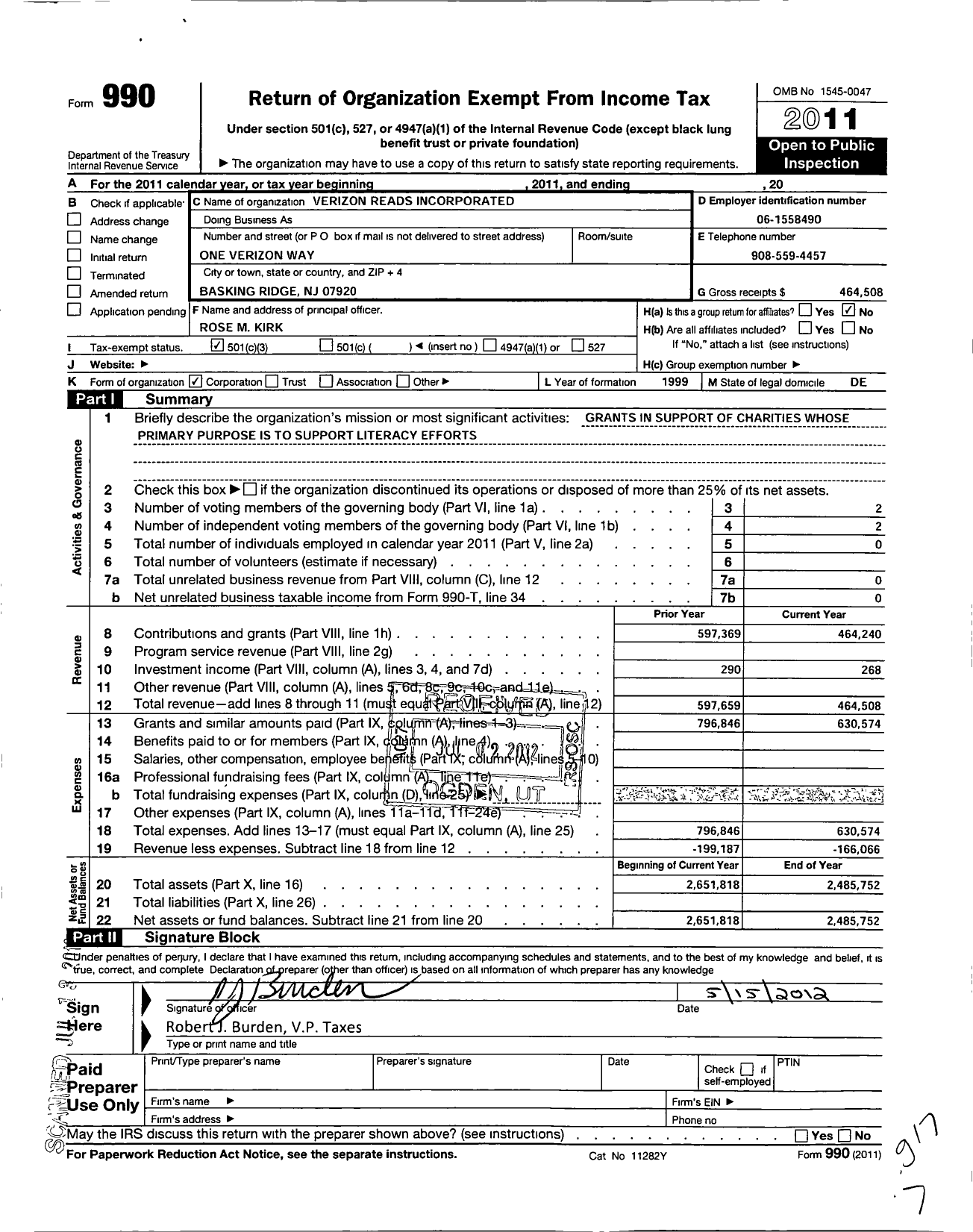 Image of first page of 2011 Form 990 for Verizon Reads Incorporated