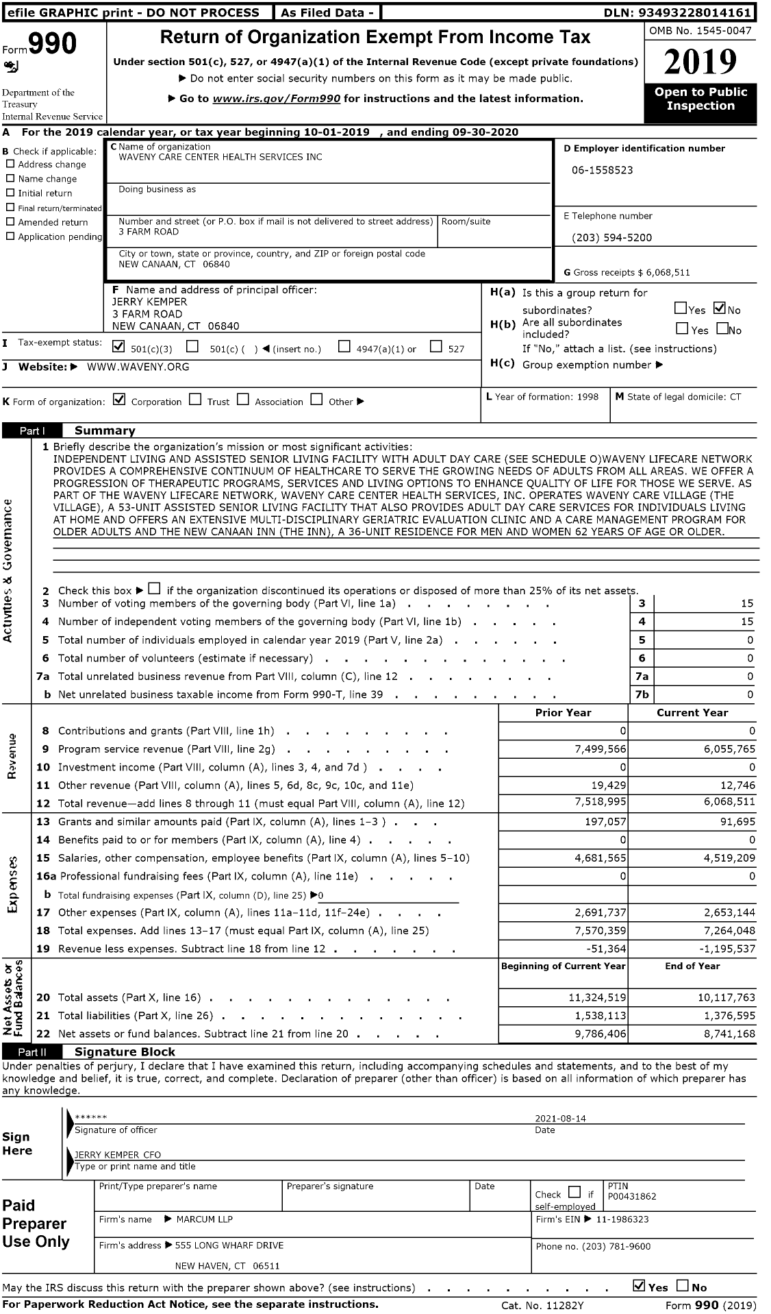 Image of first page of 2019 Form 990 for Waveny Care Center Health Services