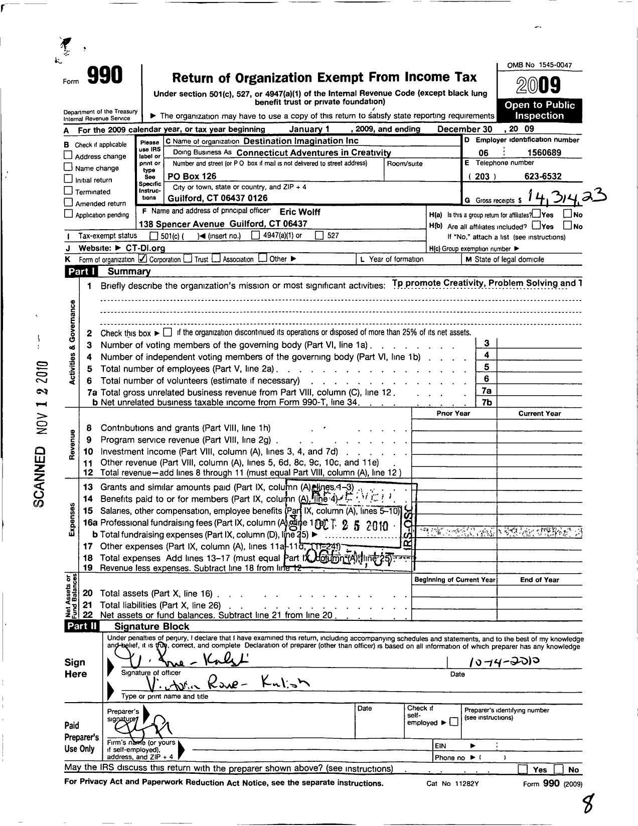 Image of first page of 2009 Form 990O for Destination Imagination / Connecticut Adventures in Creativity