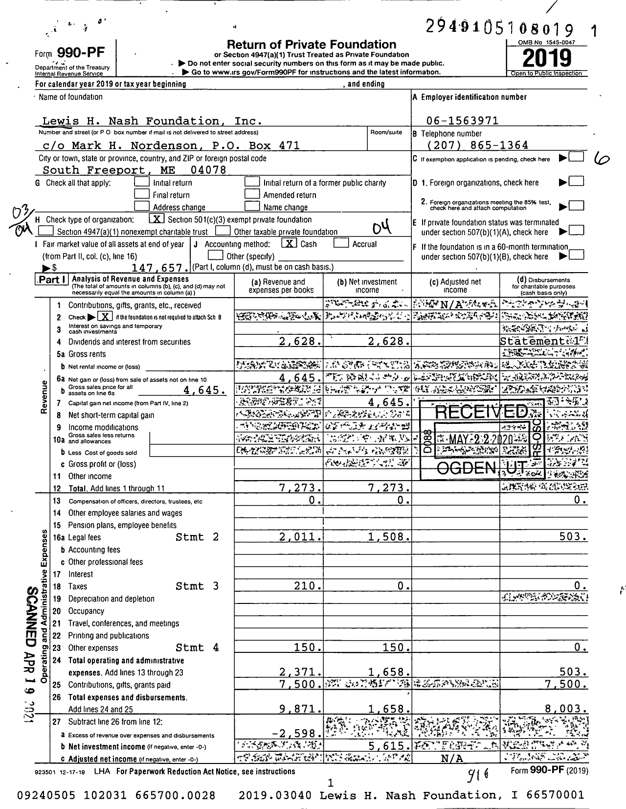 Image of first page of 2019 Form 990PF for Lewis H Nash Foundation