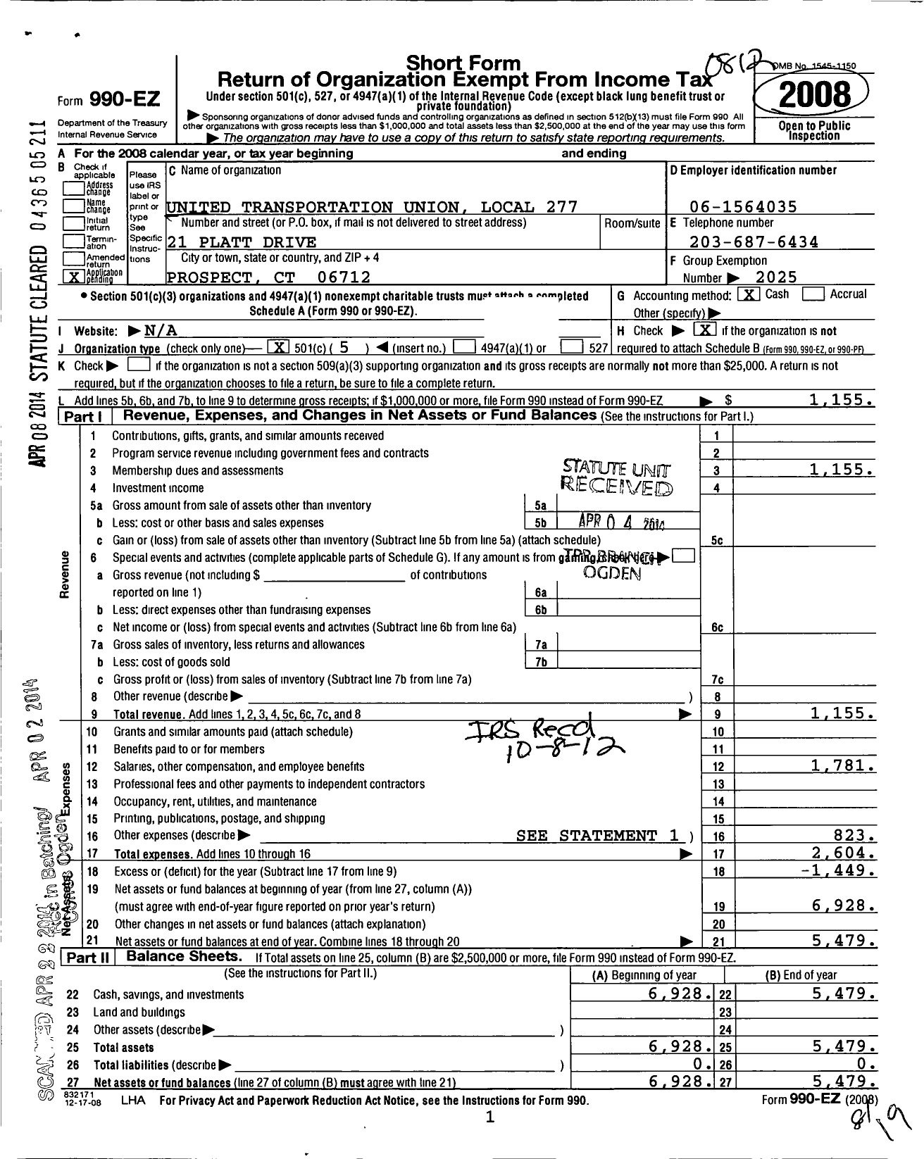 Image of first page of 2008 Form 990EO for International Association of Sheet Metal Air Rail and Transportation / 277 TD