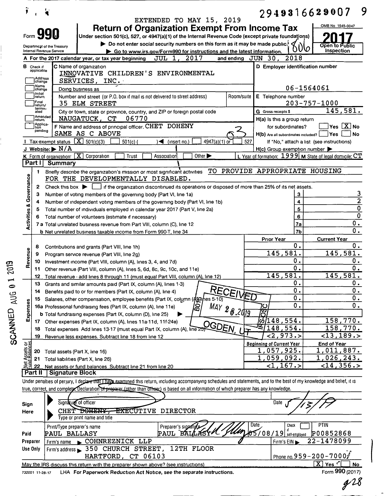 Image of first page of 2017 Form 990 for Innovative Children's Environmental Services