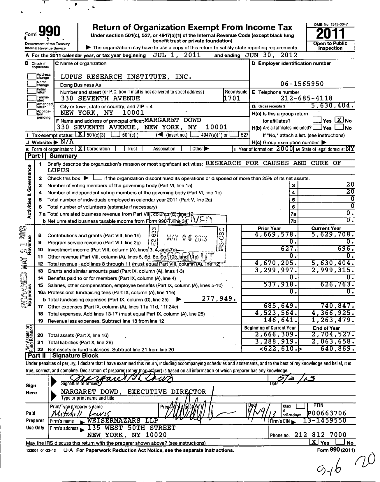 Image of first page of 2011 Form 990 for Lupus Research Institute (LRI)