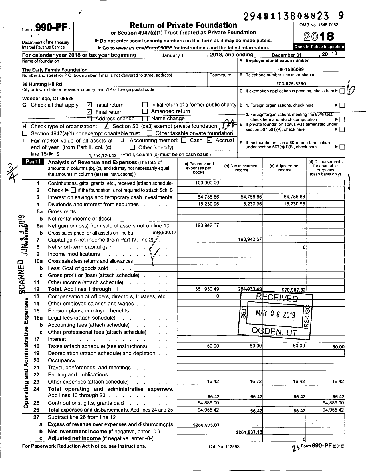 Image of first page of 2018 Form 990PF for Early Family Foundation
