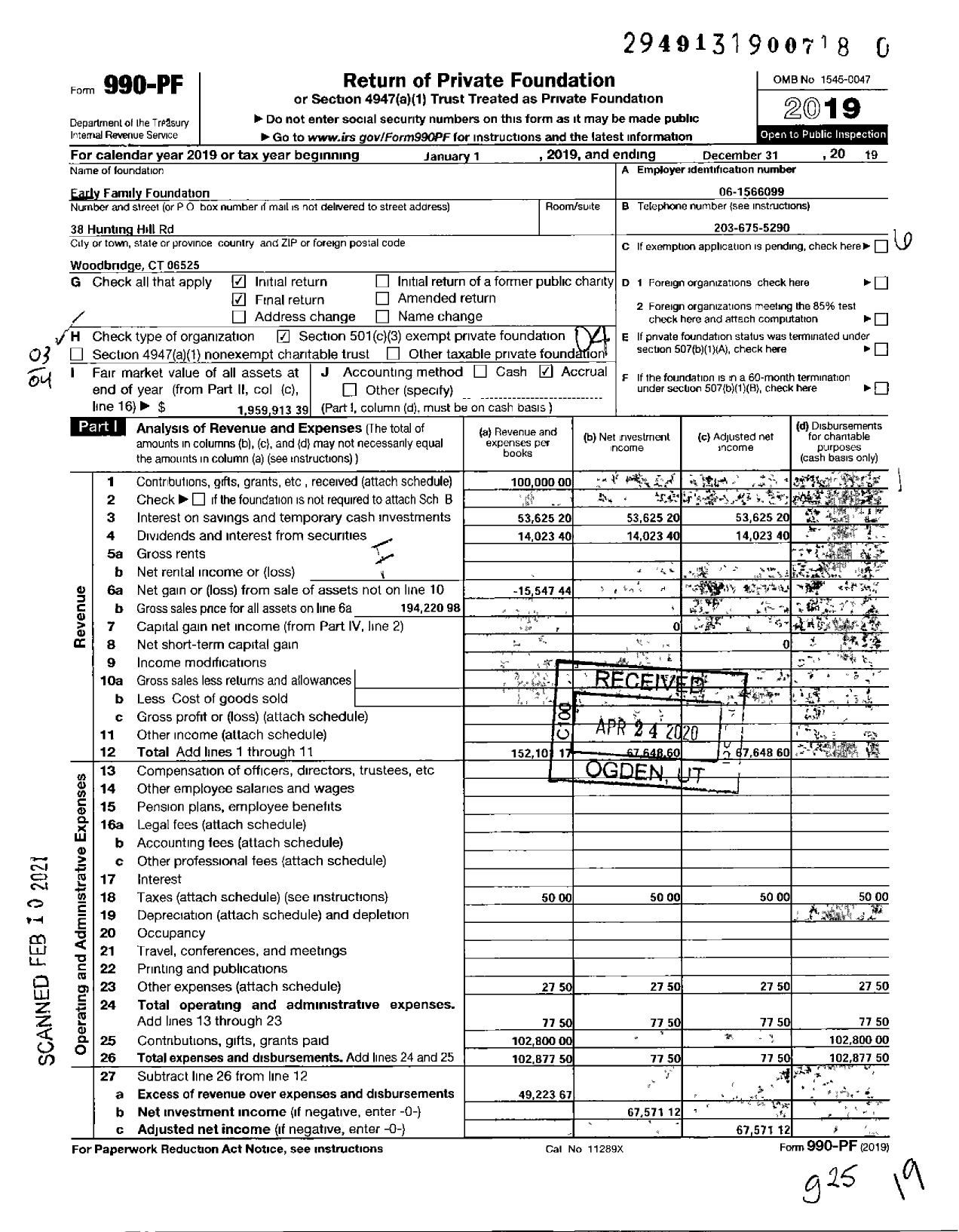 Image of first page of 2019 Form 990PF for Early Family Foundation