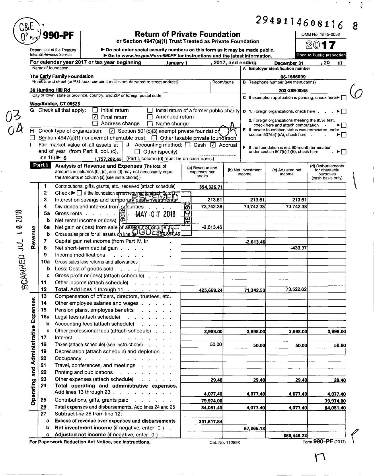 Image of first page of 2017 Form 990PF for Early Family Foundation