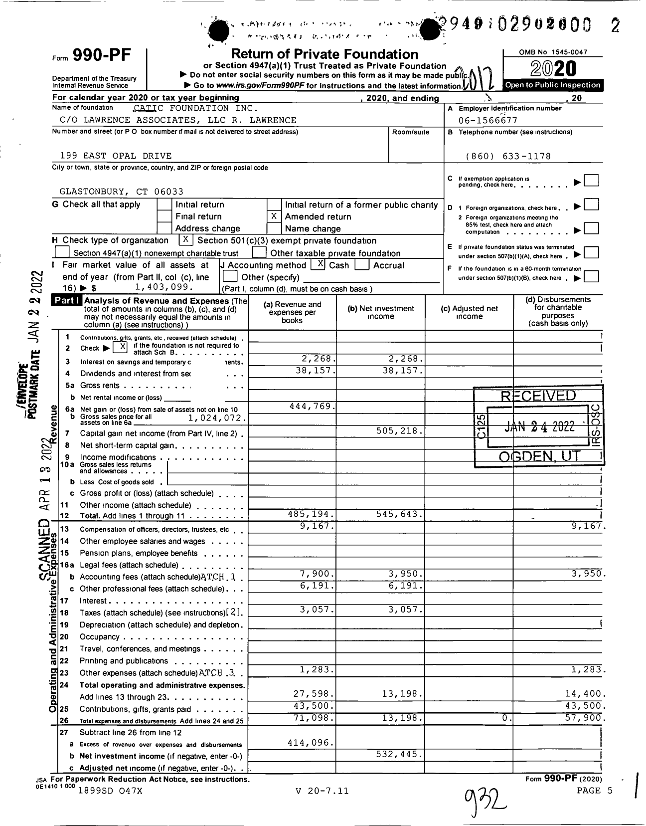 Image of first page of 2020 Form 990PF for Catic Foundation