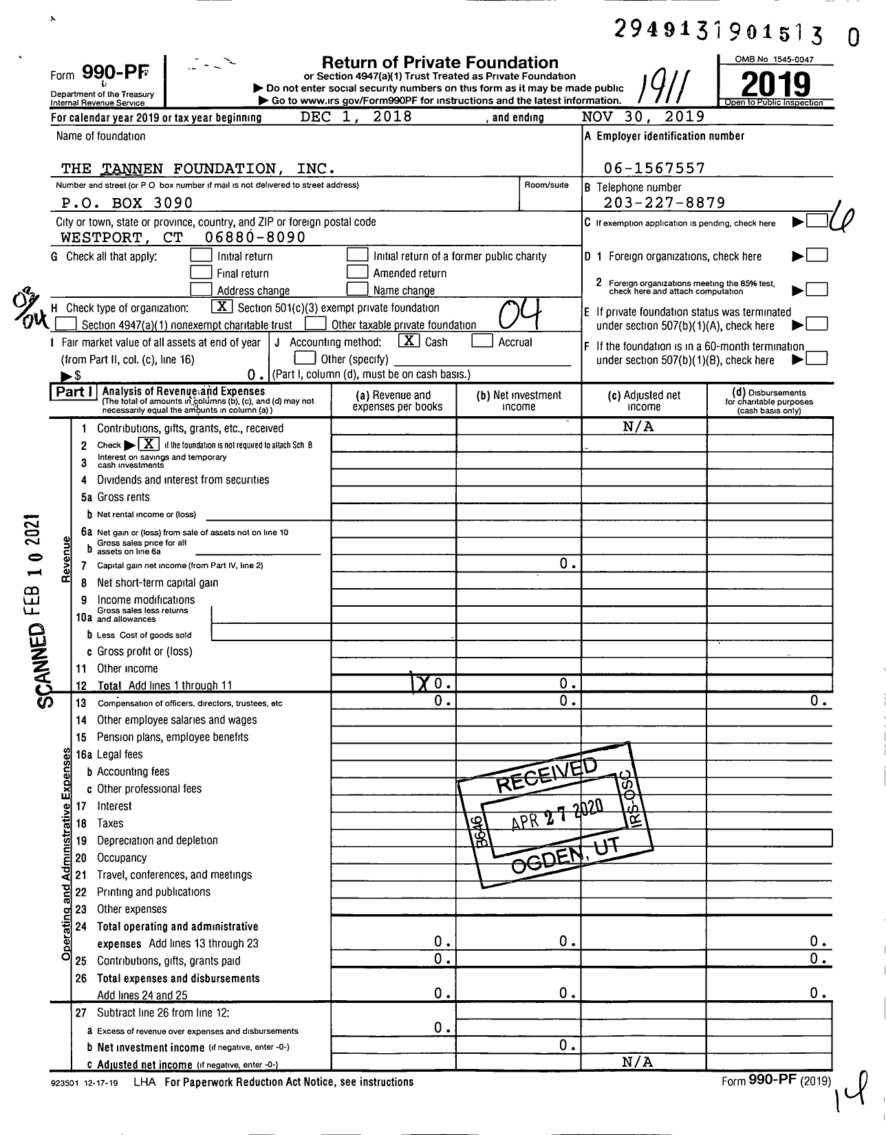 Image of first page of 2018 Form 990PF for The Tannen Foundation