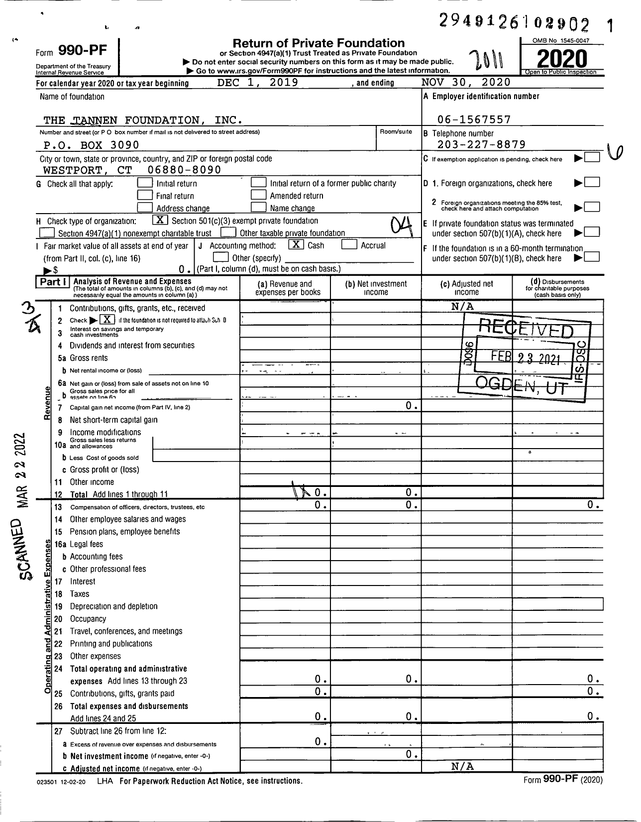 Image of first page of 2019 Form 990PF for The Tannen Foundation