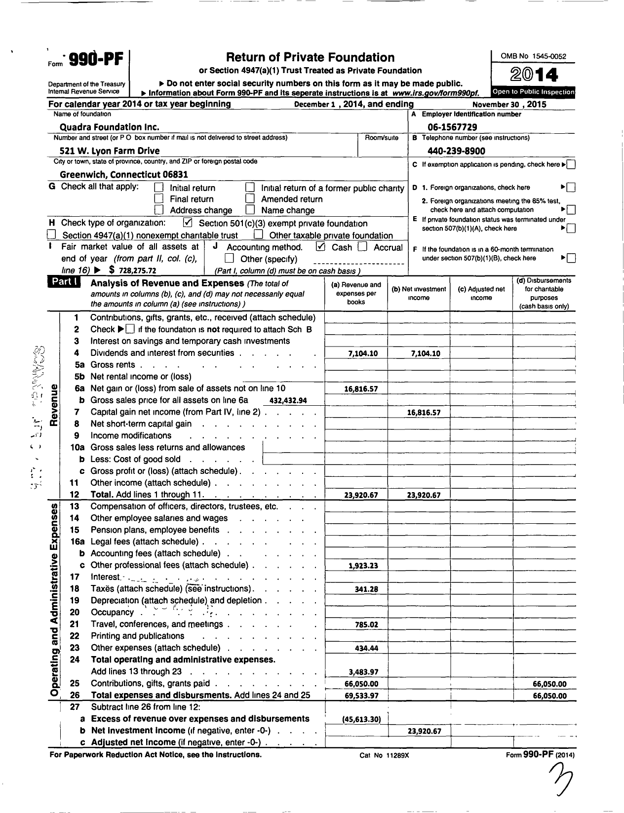 Image of first page of 2014 Form 990PF for Quadra Foundation