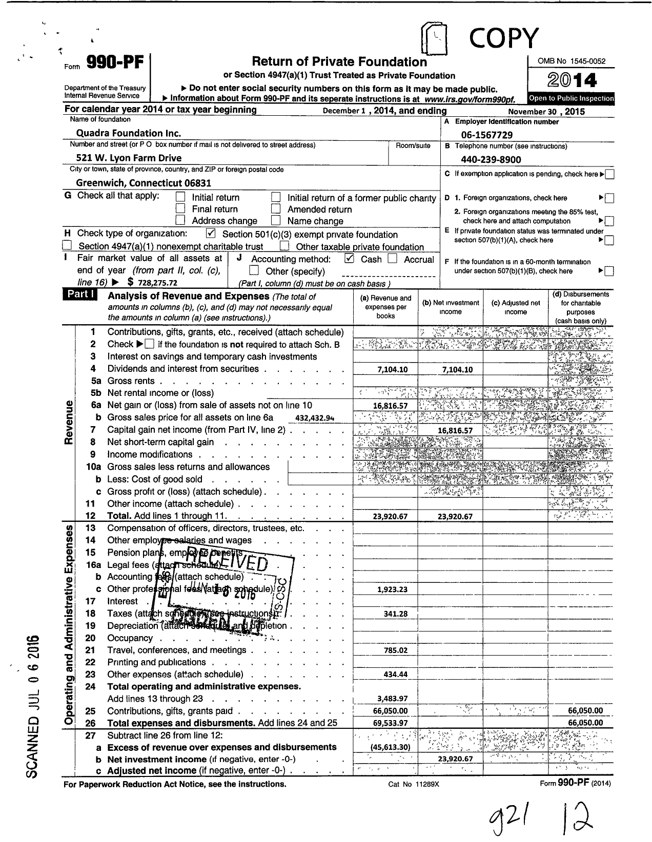 Image of first page of 2014 Form 990PF for Quadra Foundation