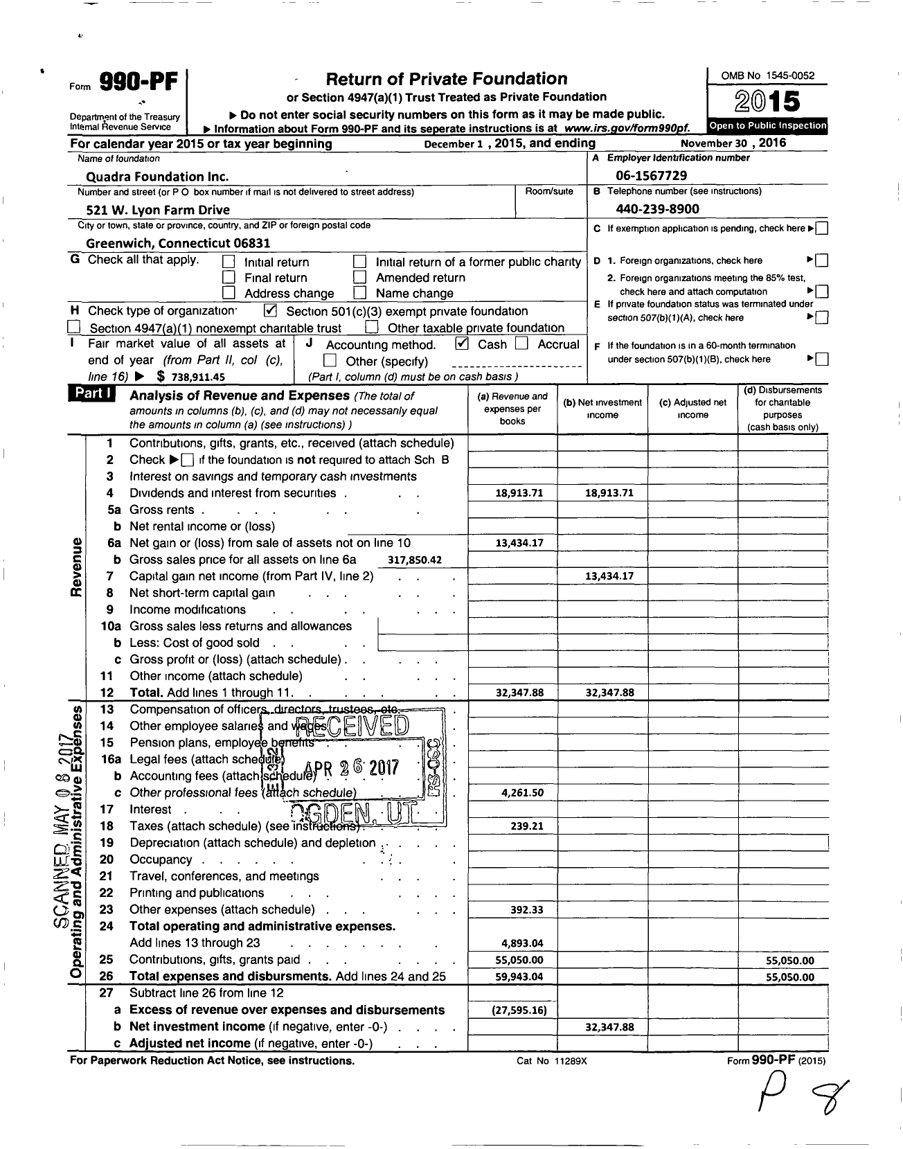 Image of first page of 2015 Form 990PF for Quadra Foundation