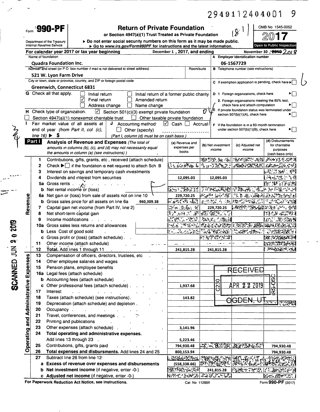 Image of first page of 2017 Form 990PF for Quadra Foundation