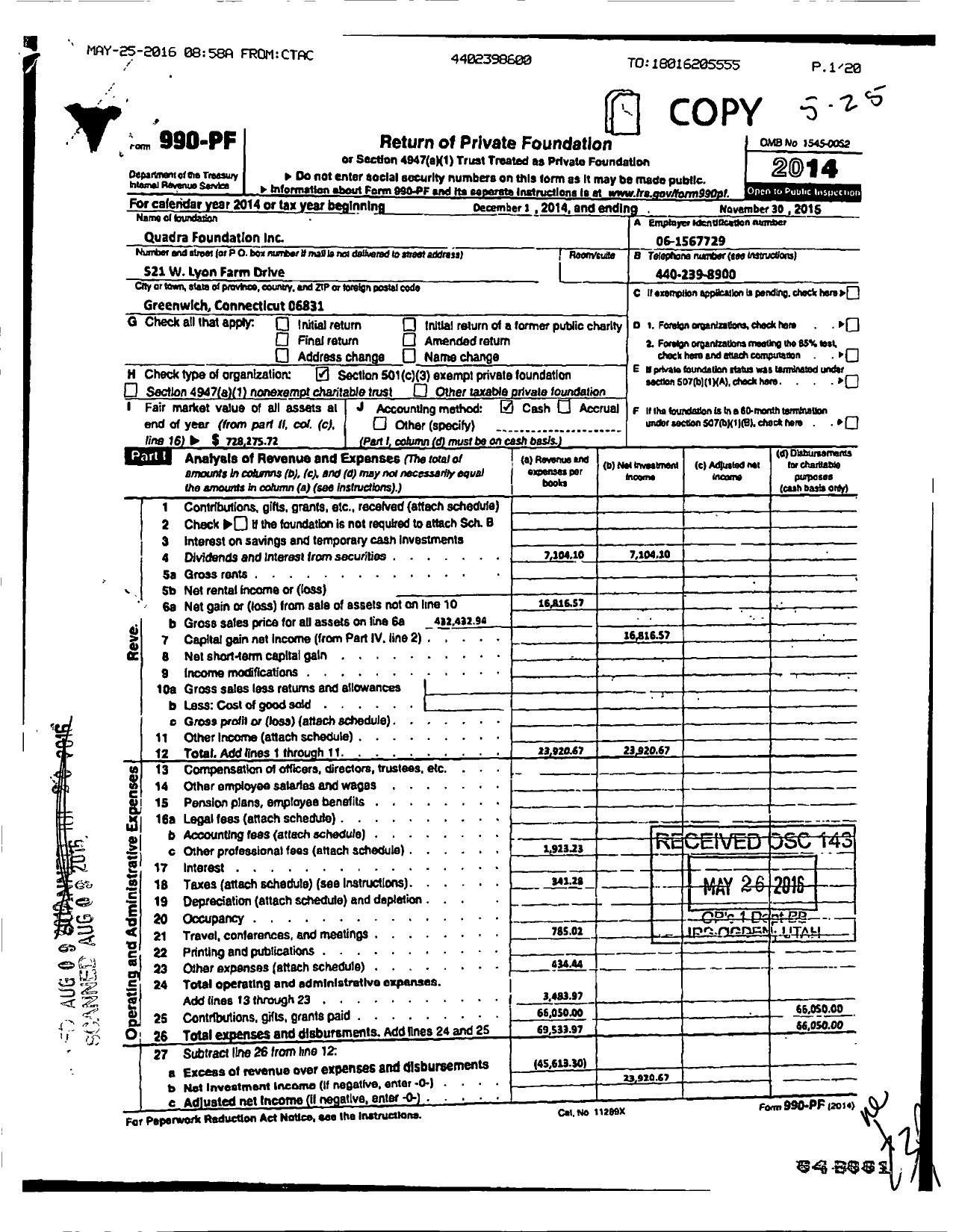 Image of first page of 2014 Form 990PF for Quadra Foundation