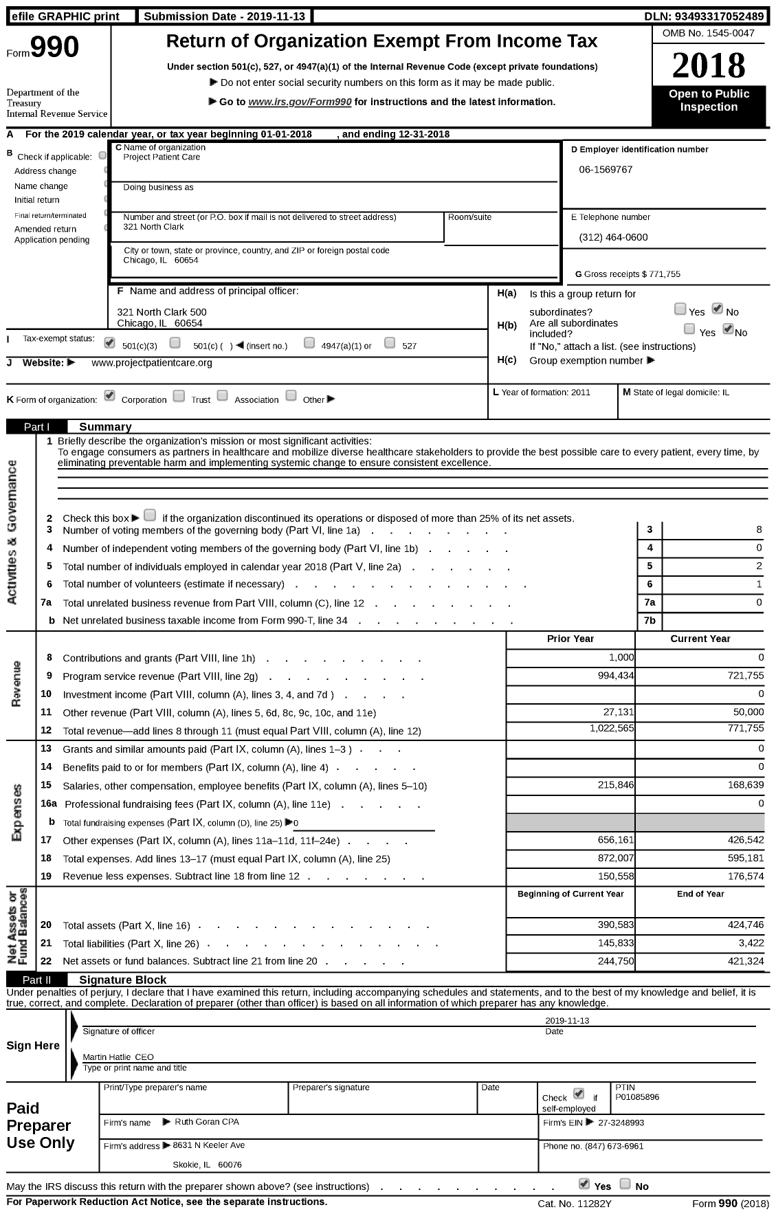 Image of first page of 2018 Form 990 for Project Patient Care