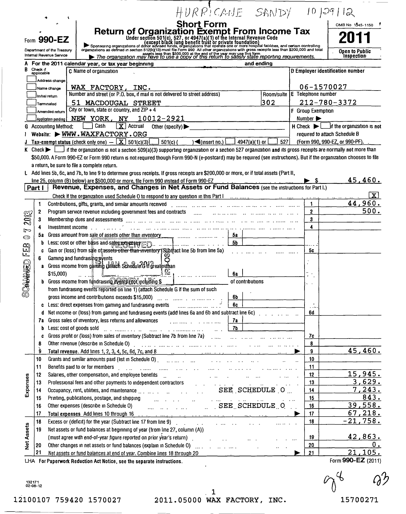 Image of first page of 2011 Form 990EZ for WaxFactory