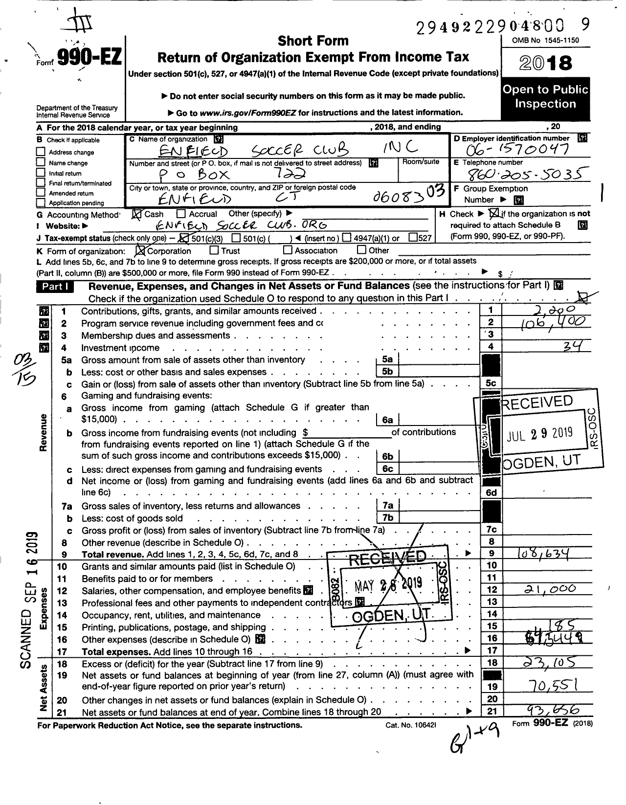 Image of first page of 2018 Form 990EZ for Enfield Soccer Club