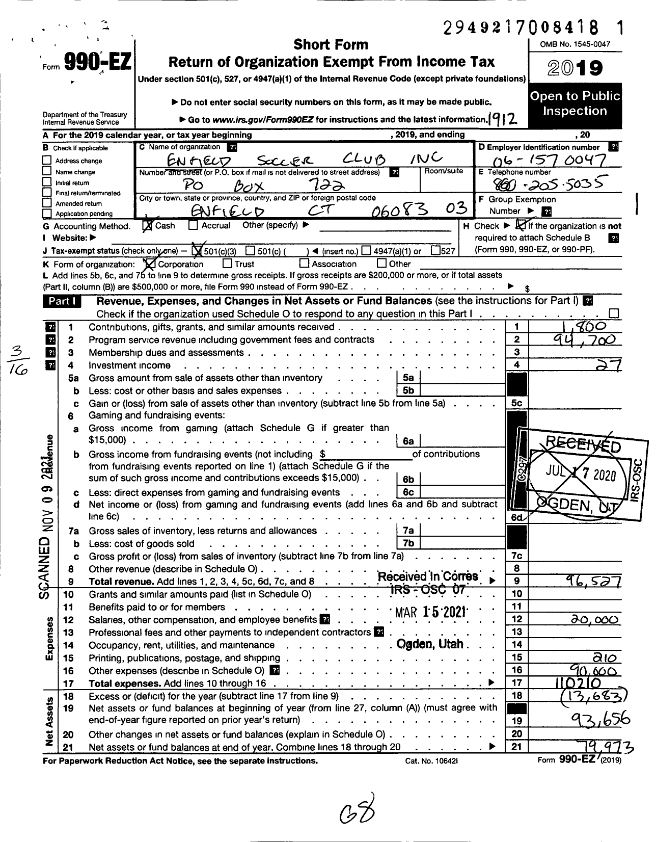 Image of first page of 2019 Form 990EZ for Enfield Soccer Club